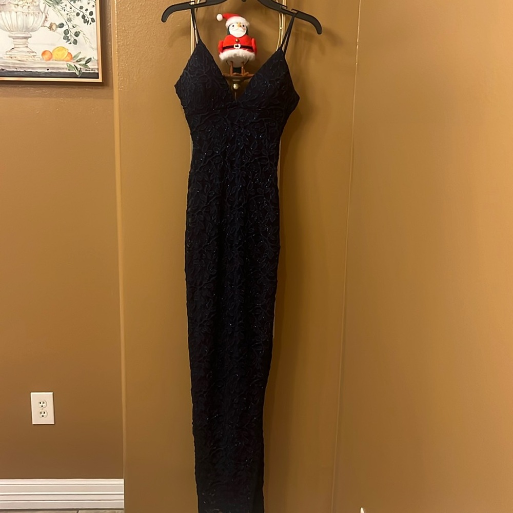 Navy blue formal dress.